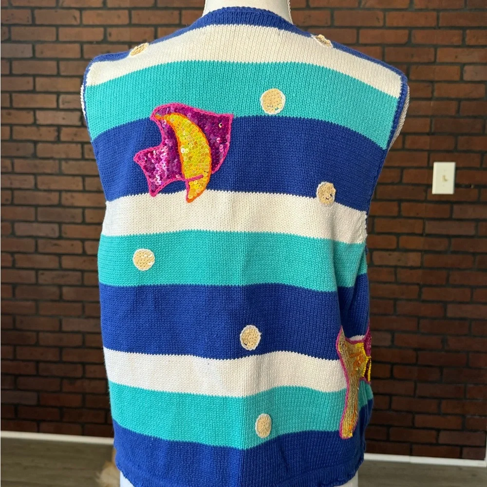 BellePointe Tropical Fish Sequin‎ Zip Sweater Vest Blue Striped Medium